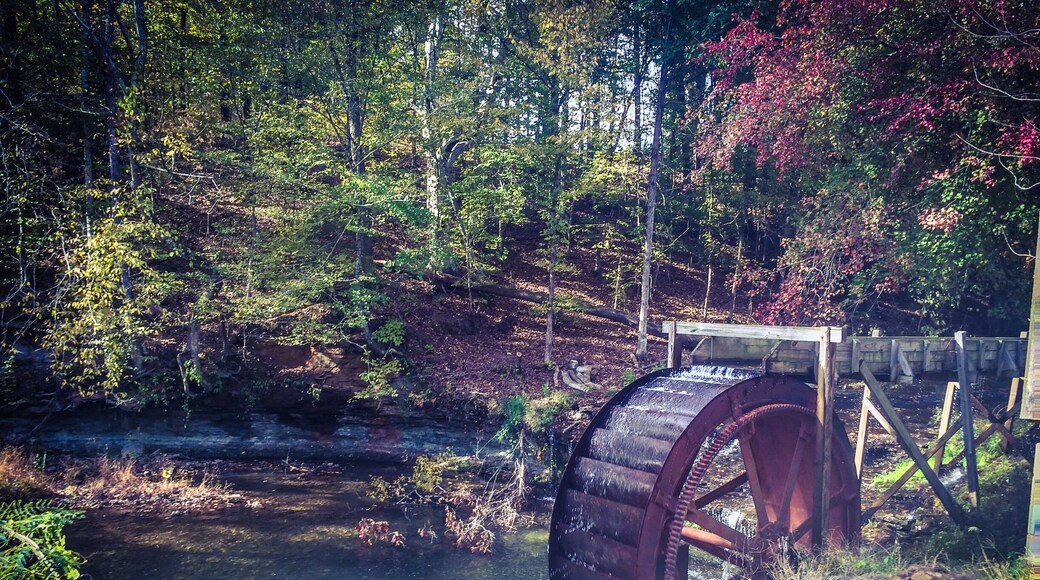 Grady's Mill, water wheel still turns and is located beside a small waterfall.
