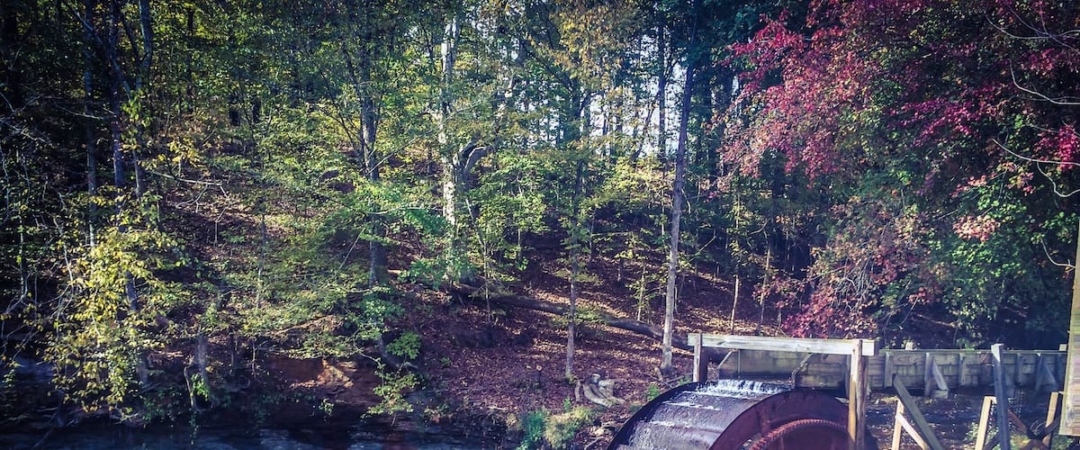 A large water wheel in a forested area with a river.