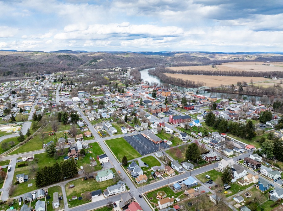 Jersey Shore, PA, USA - 03-17-2024 - Cloudy winter / spring aerial image of the borough, downtown area of Jersey Shore, Pennsylvania.