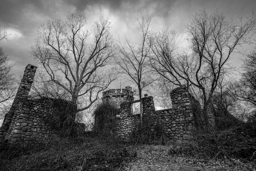 Vista en blanco y negro de unas ruinas de piedra con árboles desnudos al fondo.