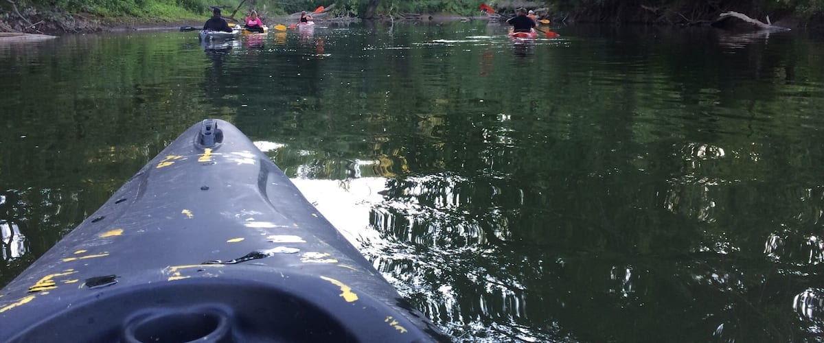 A river with kayakers.