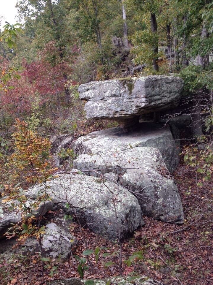 A rocky outcrop surrounded by autumn foliage in a forest.