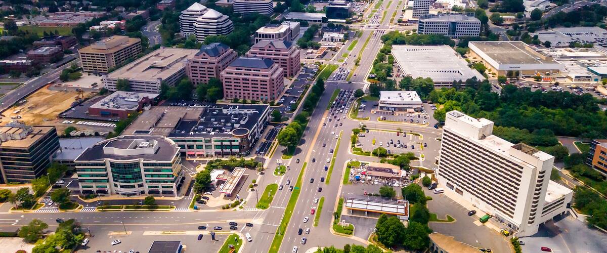 Tysons VA Aerial View of Infrastructure and Growth Expanding commercial hub with high-rise architecture.