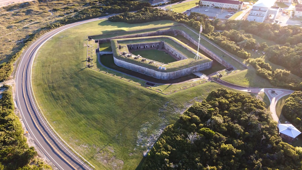 National Park in North Carolina. Fort Macon at sunset. View from drone.