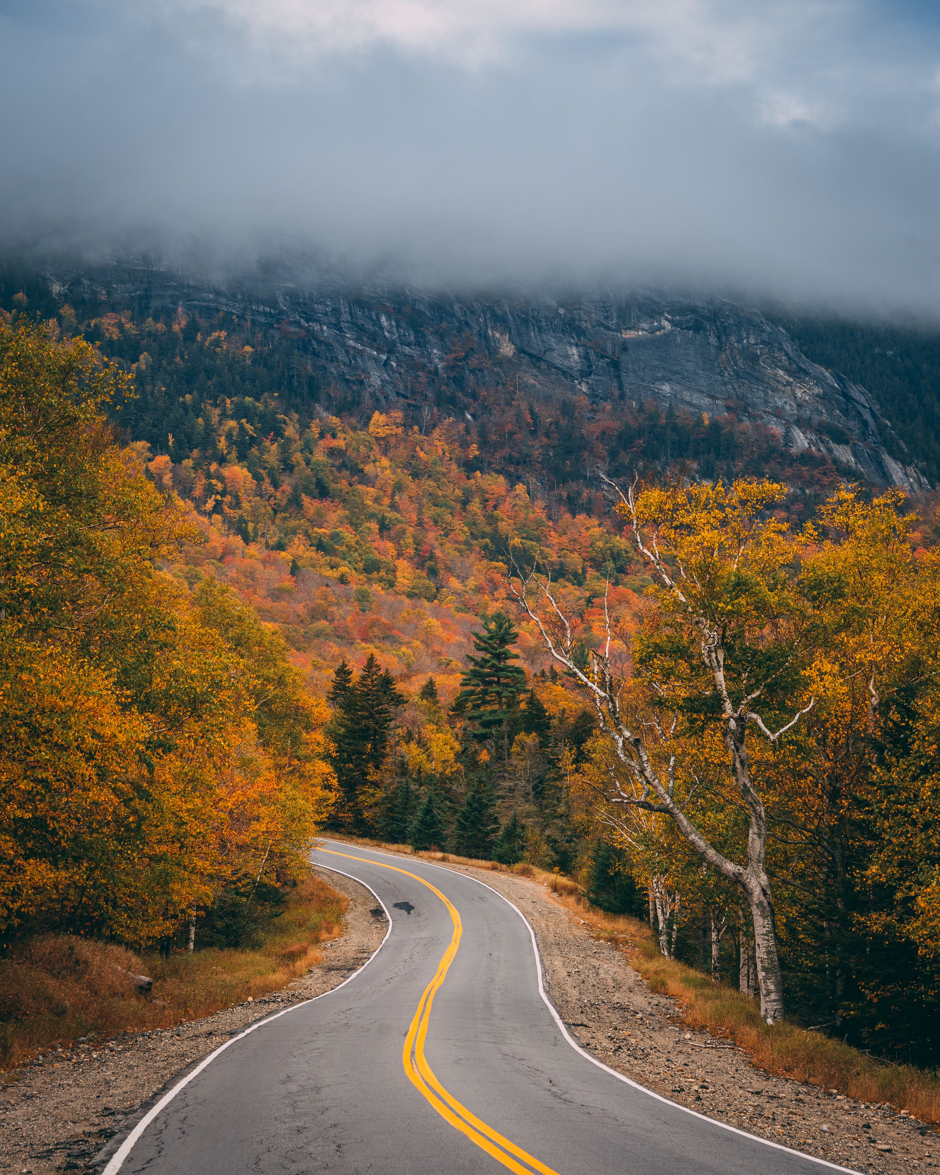 A winding mountain road surrounded by autumn foliage.