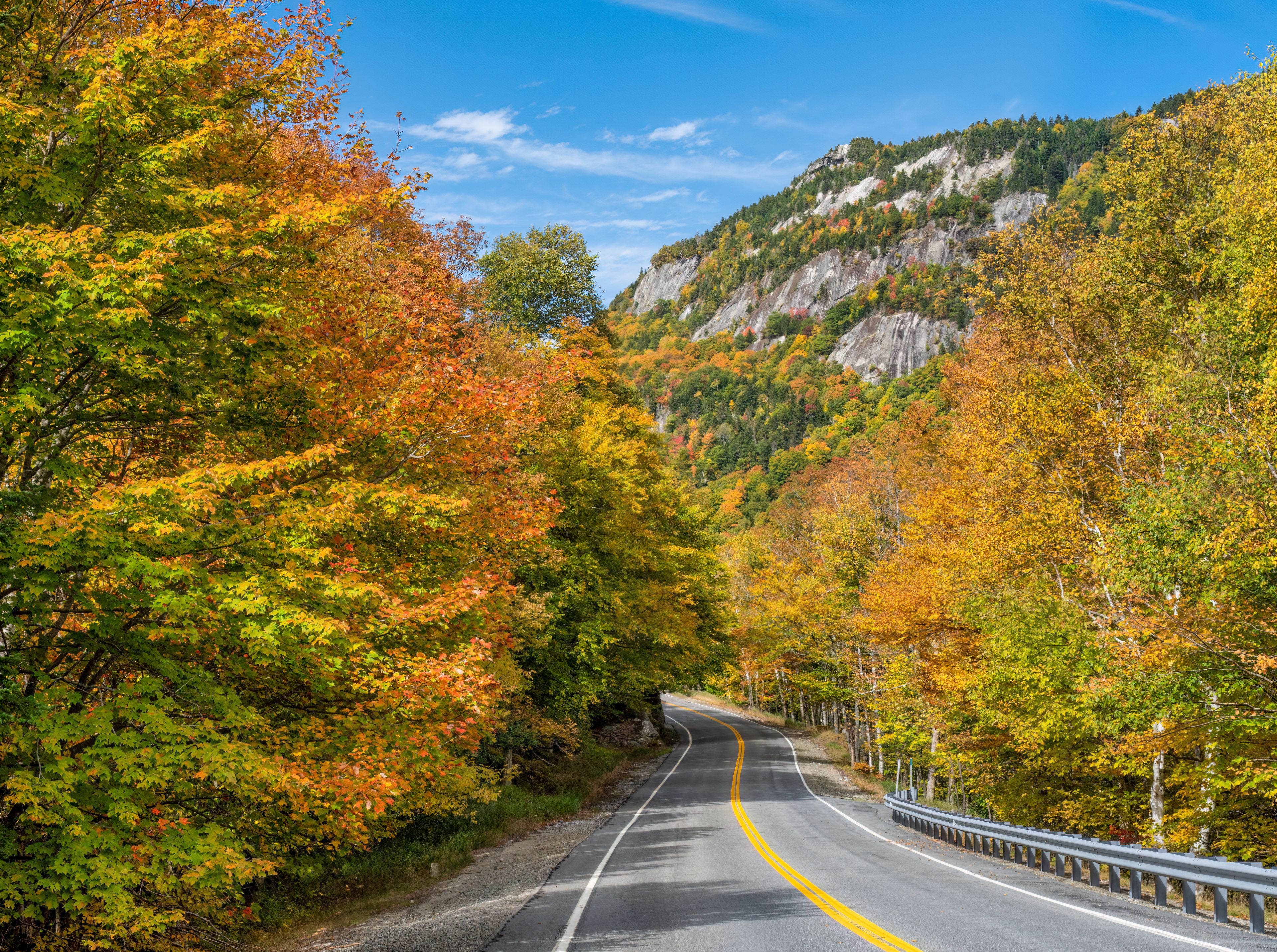 A winding road through a forest with autumn foliage, bordered by a guardrail.