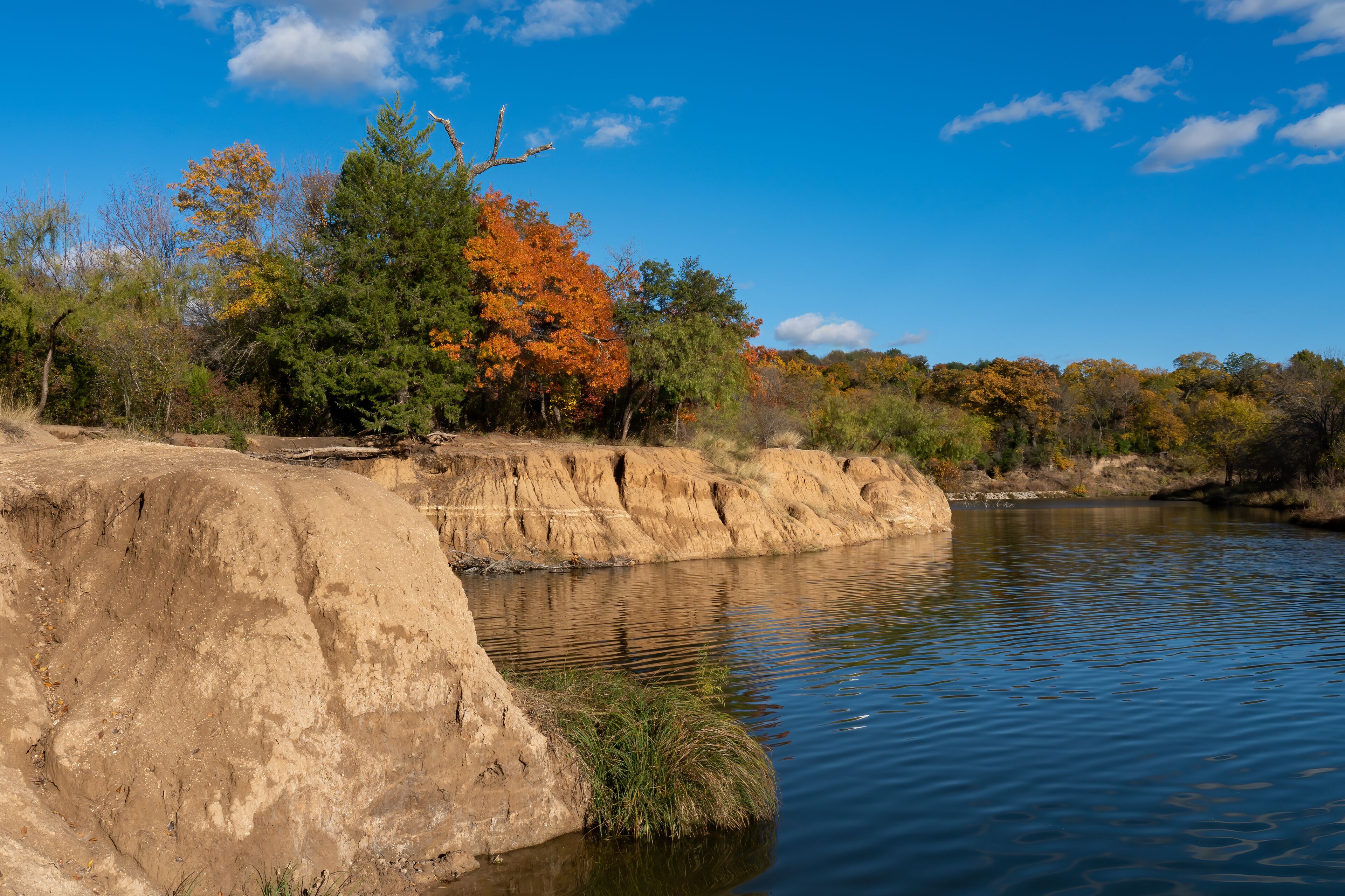 A riverbank with a concrete dam, autumn-colored trees, and a clear blue sky.
