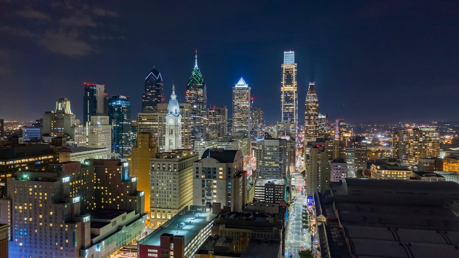 Night Falls on the East Side of Downtown Philadelphia Pennslyvania