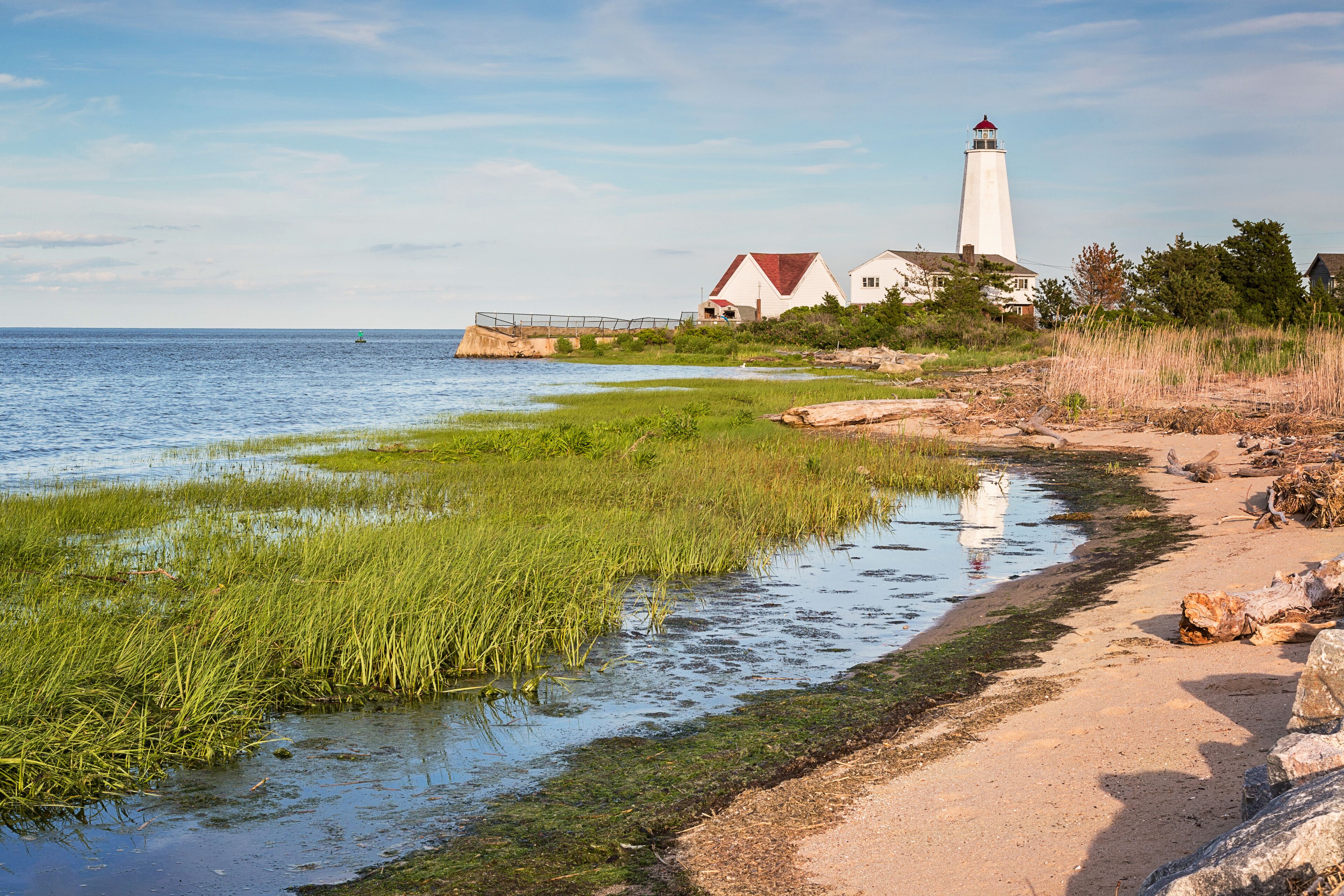 A coastal landscape with a lighthouse, grassy marsh, and a sandy beach.