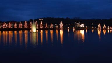 Vista noturna de um lago com árvores de Natal iluminadas na margem.