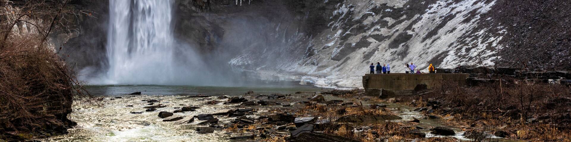 Taughannock Falls is a 215-foot plunge waterfall, that is the highest single-drop waterfall east of the Rocky Mountains, located about 10 miles north of Ithaca in New York State, USA, at winter.