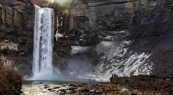 Taughannock Falls is a 215-foot plunge waterfall, that is the highest single-drop waterfall east of the Rocky Mountains, located about 10 miles north of Ithaca in New York State, USA, at winter.
