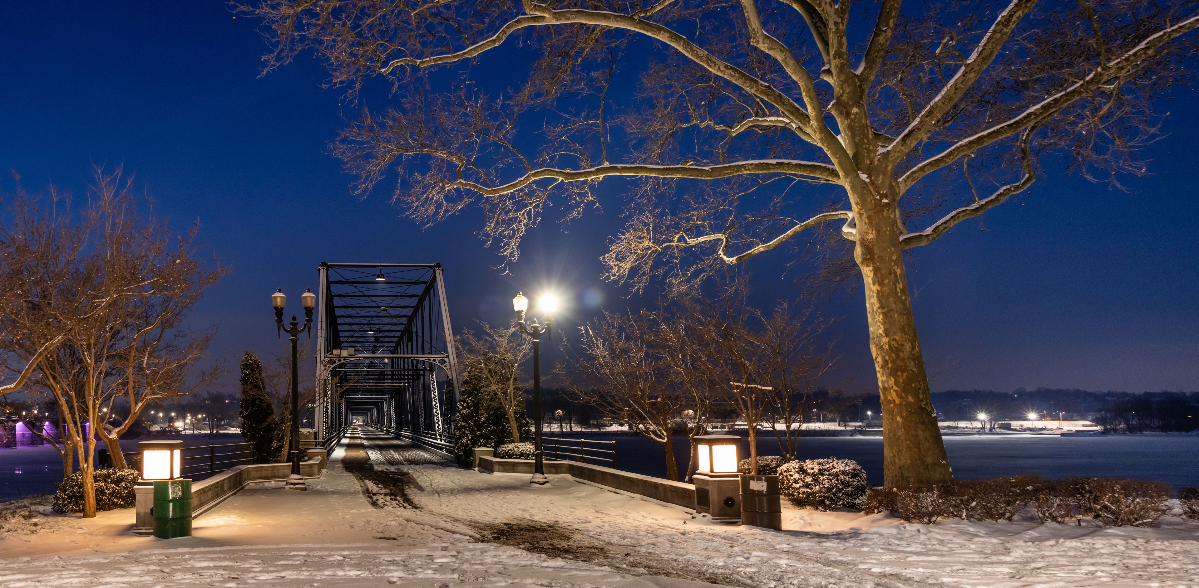 A snow-covered bridge at night with street lamps and bare trees.