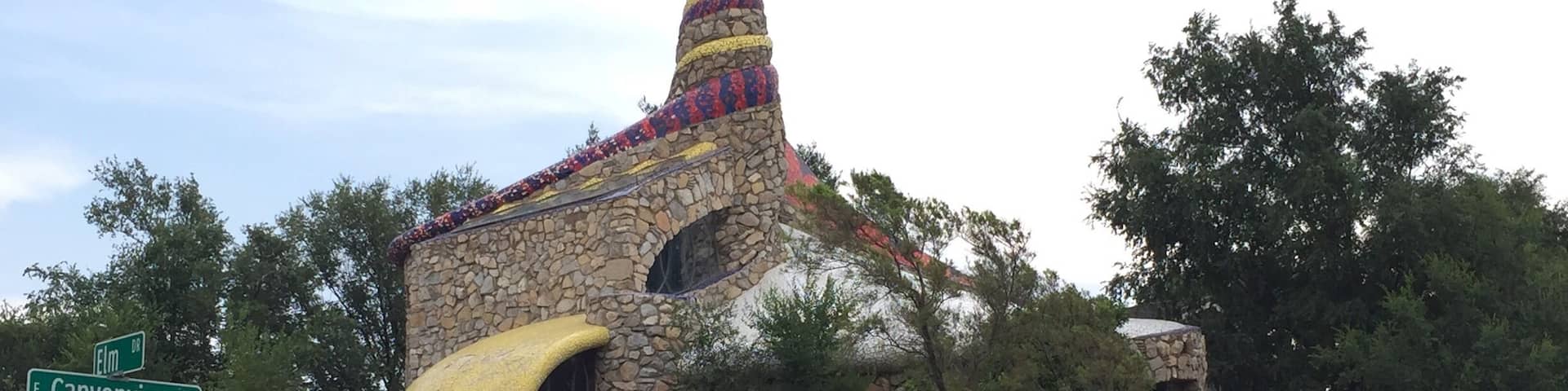 Another unique home built by the late, local designer and sculptor, Robert Bruno. It is located across the street from his futuristic steel house. This curvy array of stone and colored tile was constructed by Manfred Kaiter, who later married local rock icon, Buddy Holly's sister.