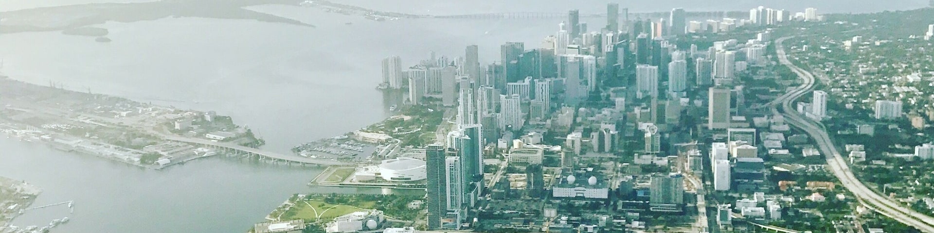 An aerial view of a city with a river, high-rise buildings, and green spaces.