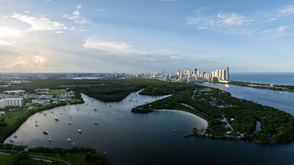 Aerial view of Biscayne Bay and Oleta River State Park, North Miami, Florida, United States.