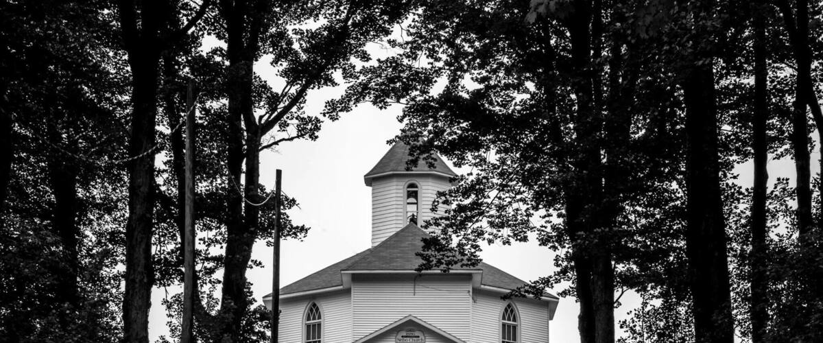 A church surrounded by tall trees.