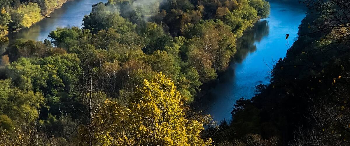 A river winding through a forested valley with mist over the water.