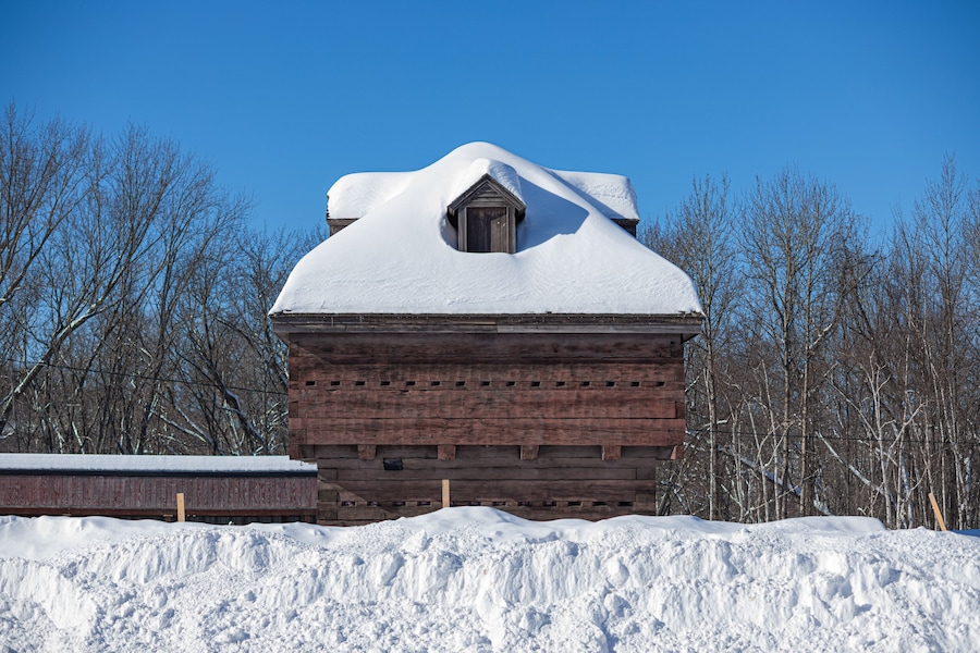 Typical block house, seen in Fort Kent, Maine, during the winter.