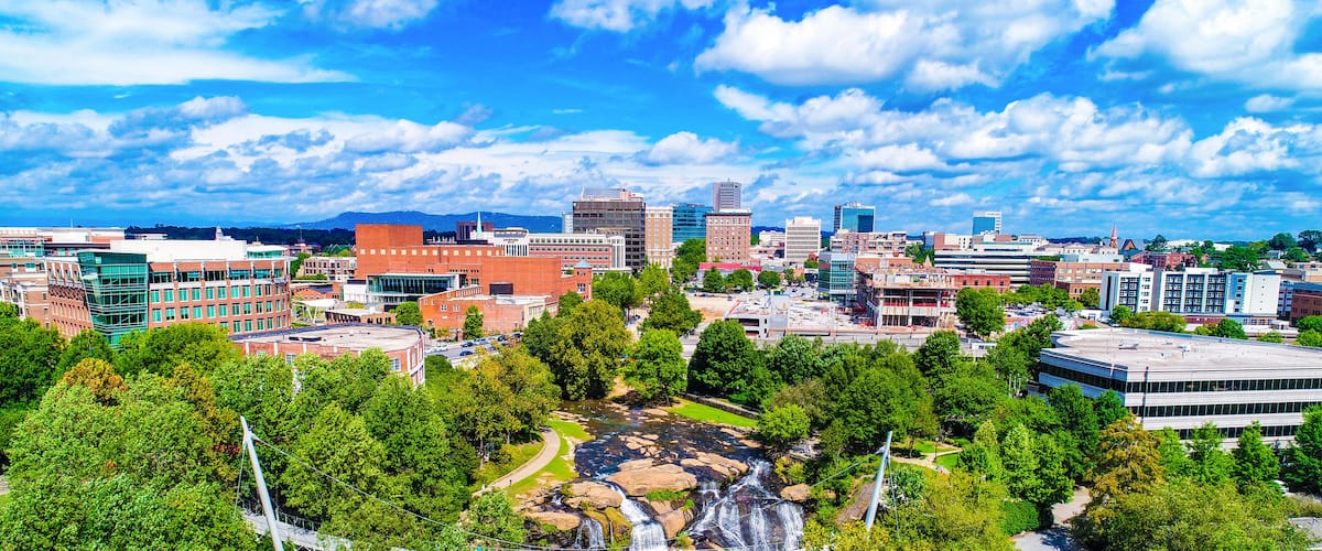 Falls Park and Liberty Bridge Panorama in Greenville, South Carolina, USA