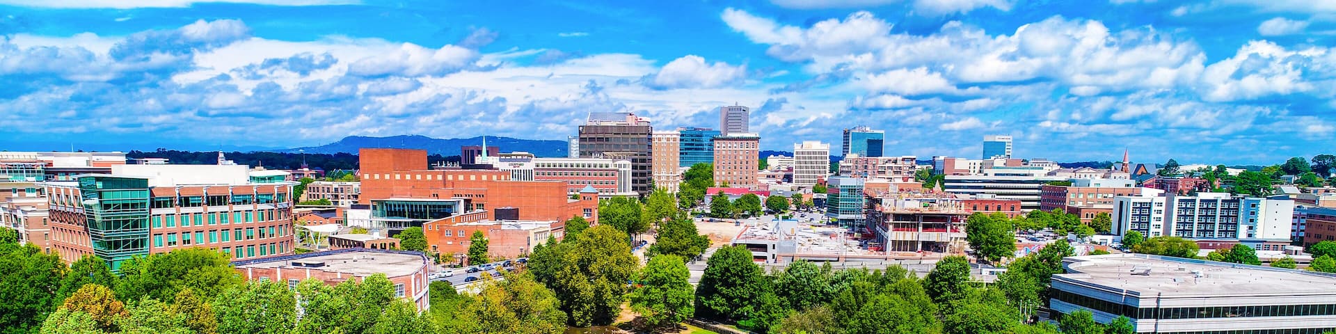Falls Park and Liberty Bridge Panorama in Greenville, South Carolina, USA