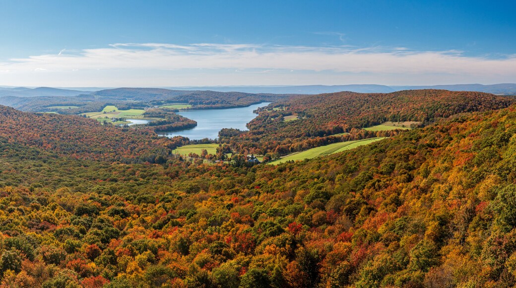 Panoramic aerial view of the autumn colors of Mt Davis towards High Point Lake in south western Pennsylvania