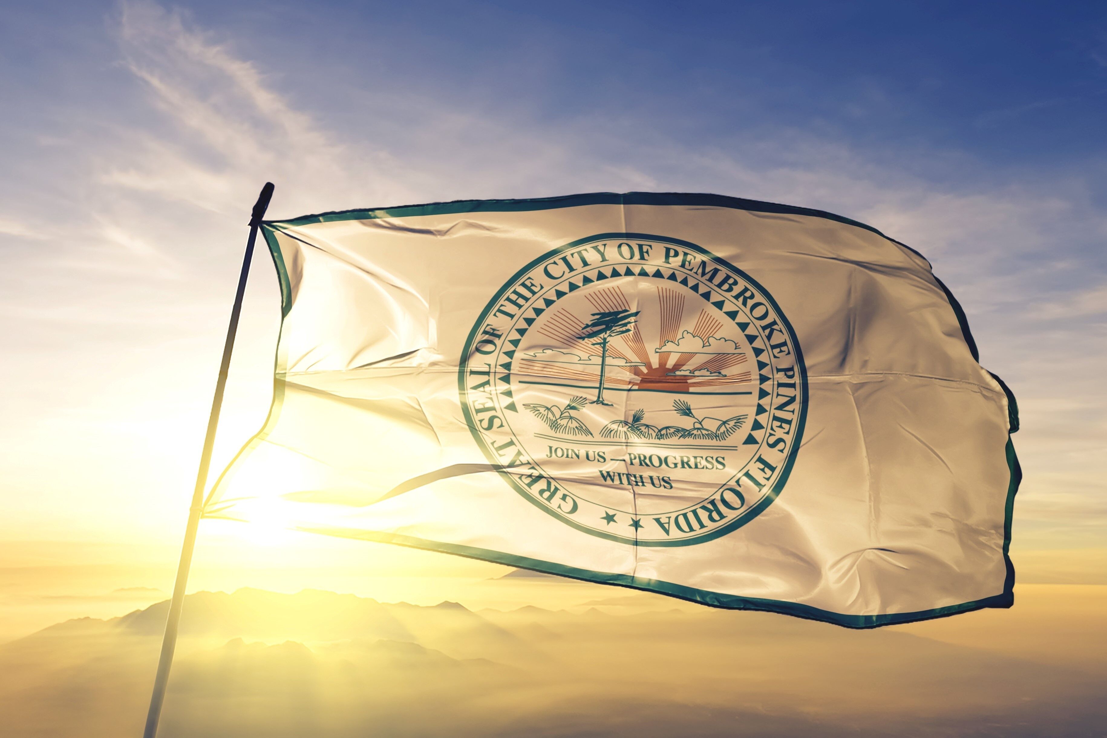 A flag with a circular emblem, a flagpole, and a sunrise in the background.