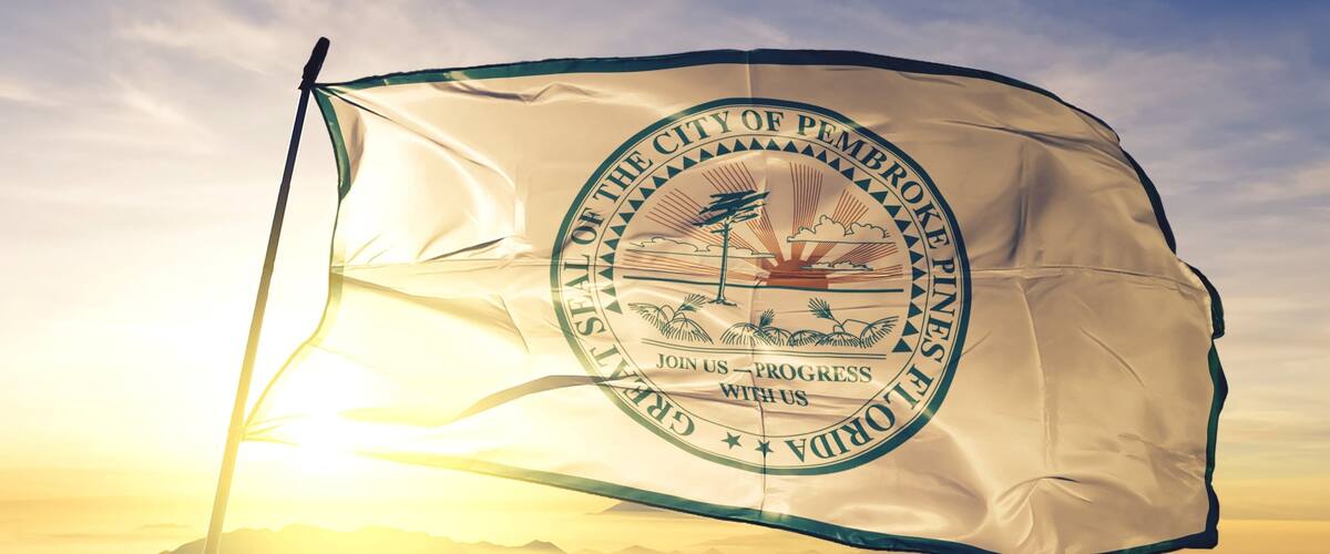A flag with a circular emblem, a flagpole, and a sunrise in the background.