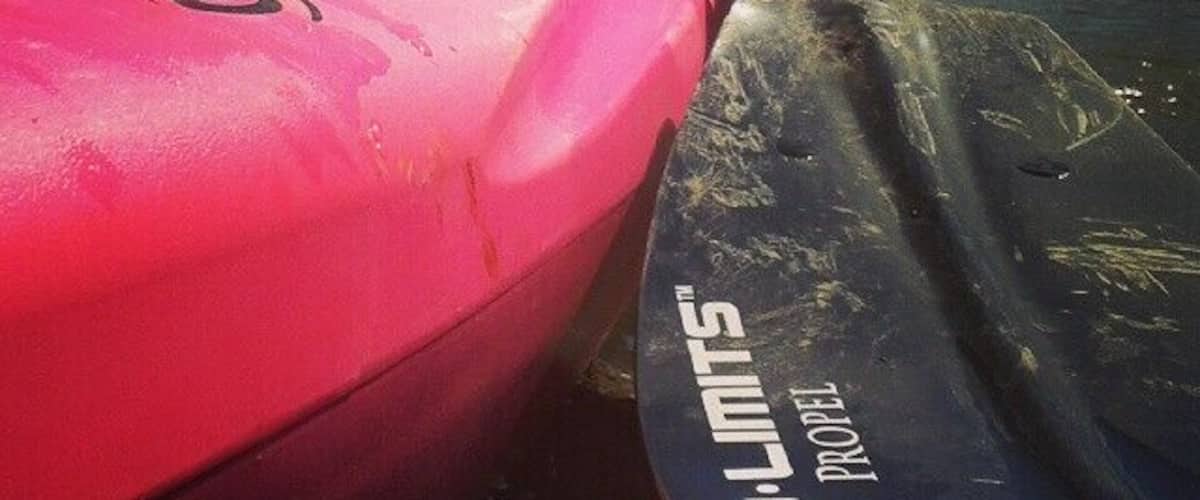 A pink kayak with a black paddle and an orange life jacket.