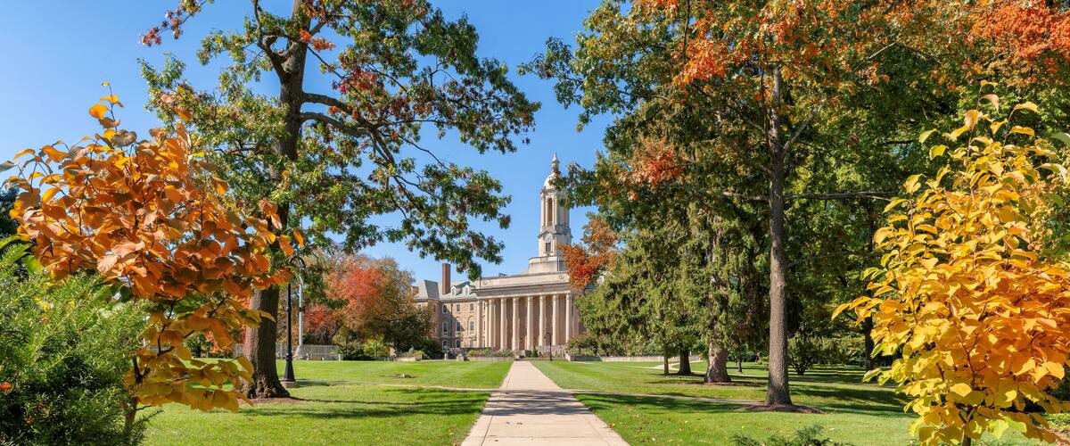 Autumn alley in the campus of Pennsylvania State University in autumn sunny day, State College, Pennsylvania.
