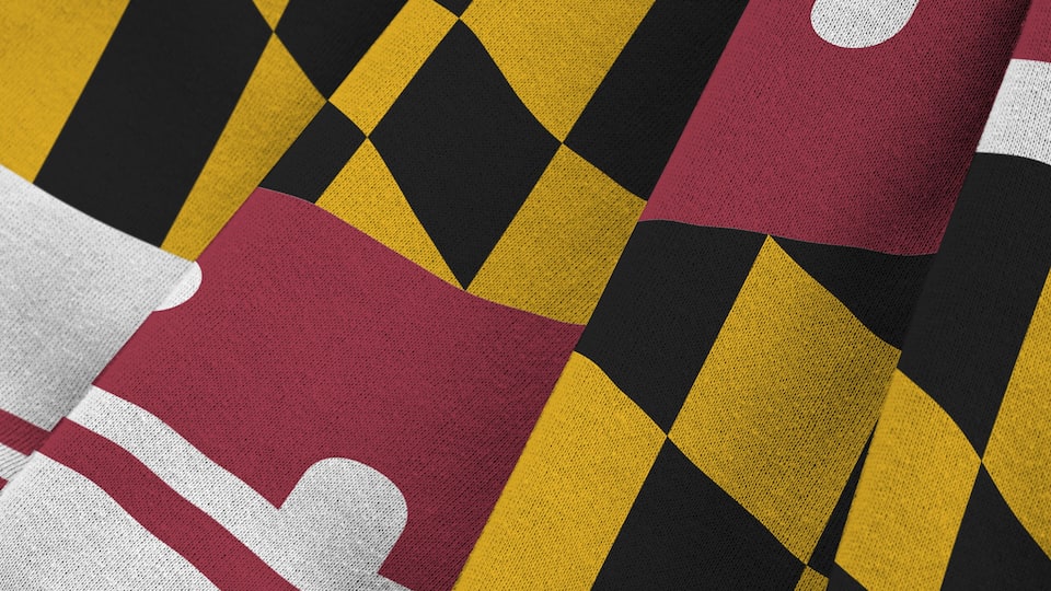 Maryland US state flag with big folds waving close up under the studio light indoors. The official symbols and colors in fabric banner