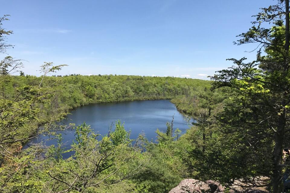 Un lago rodeado de un bosque denso y terreno rocoso.