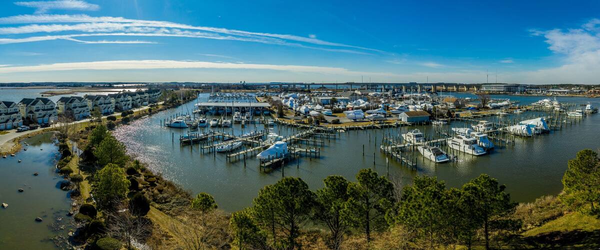 A marina with boats docked, a river, and a row of houses along the riverbank.