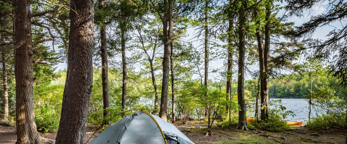 A tent set up in a forest near a lake.