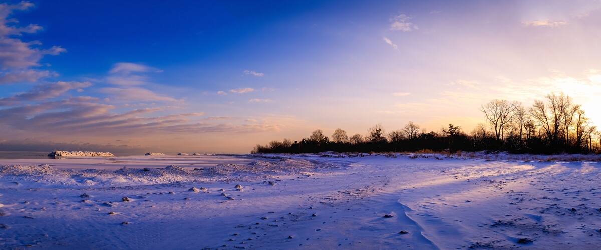 A snowy landscape with a frozen body of water, trees, and a clear sky.