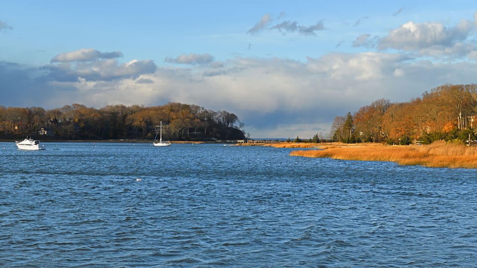A calm lake with a sailboat, surrounded by autumn-colored trees and a cloudy sky.