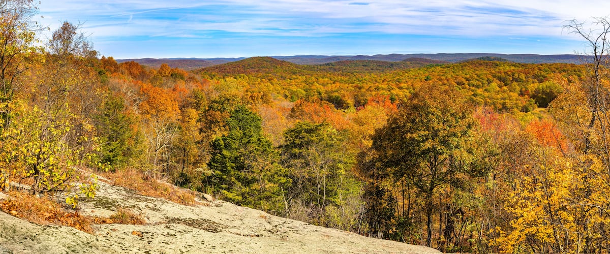 A forested mountain landscape with autumn foliage.
