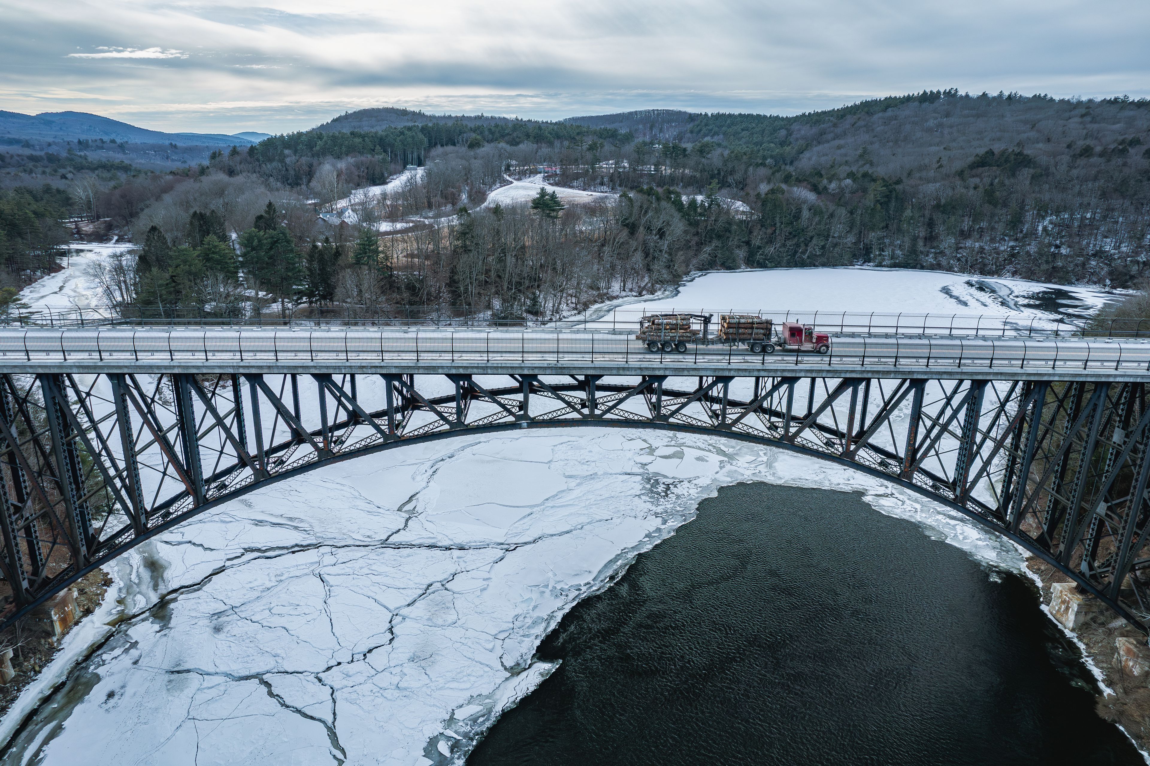 Aerial view of the French King Bridge over the Connecticut River in winter  
-Gill, Massachusetts 