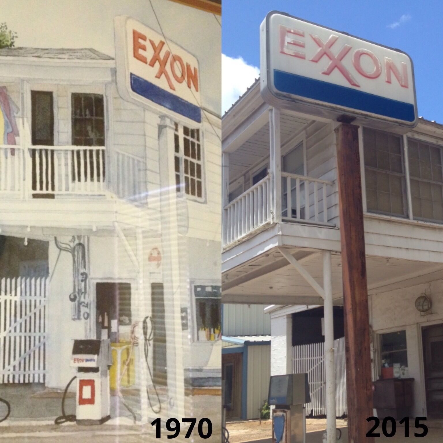 This old Exxon gas station is near The Shed, the picture on the left is a painting of that same Exxon in the 70s. This painting is on display in the museum across from the gas station itself.