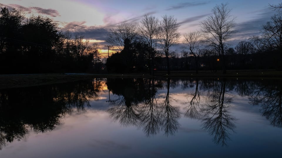 A calm lake at dusk with trees reflecting in the water and a sunset in the background.