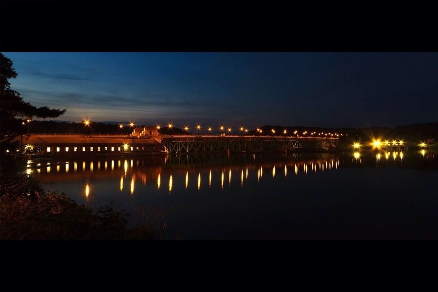 The bridge out of Turner's Falls just after sunset.