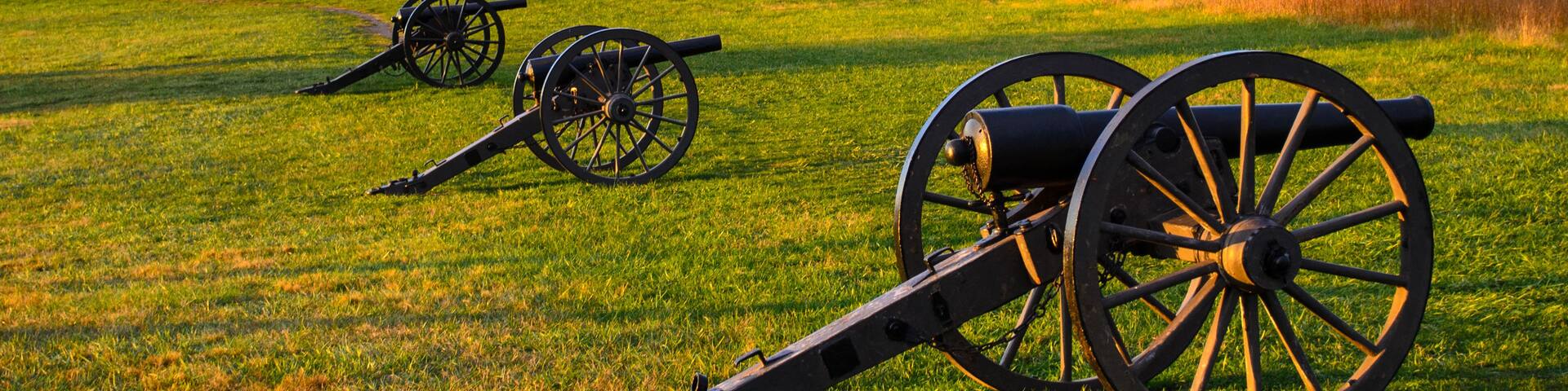 A grassy field with two cannons and a historic building in the background.