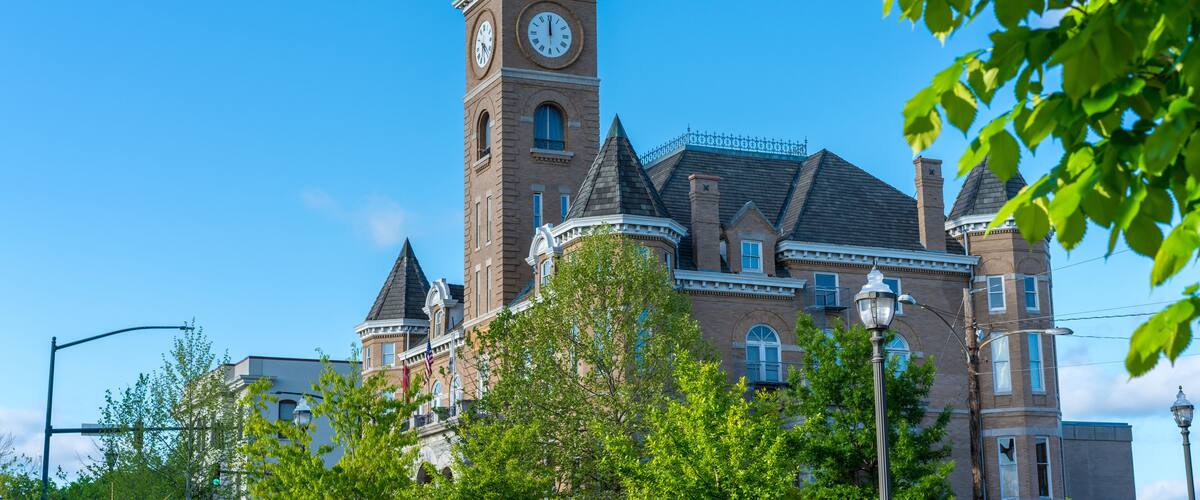 Historic Washington County Courthouse building in Fayetteville Arkansas, college ave, sunny summer day view