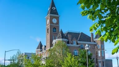 Historic Washington County Courthouse building in Fayetteville Arkansas, college ave, sunny summer day view