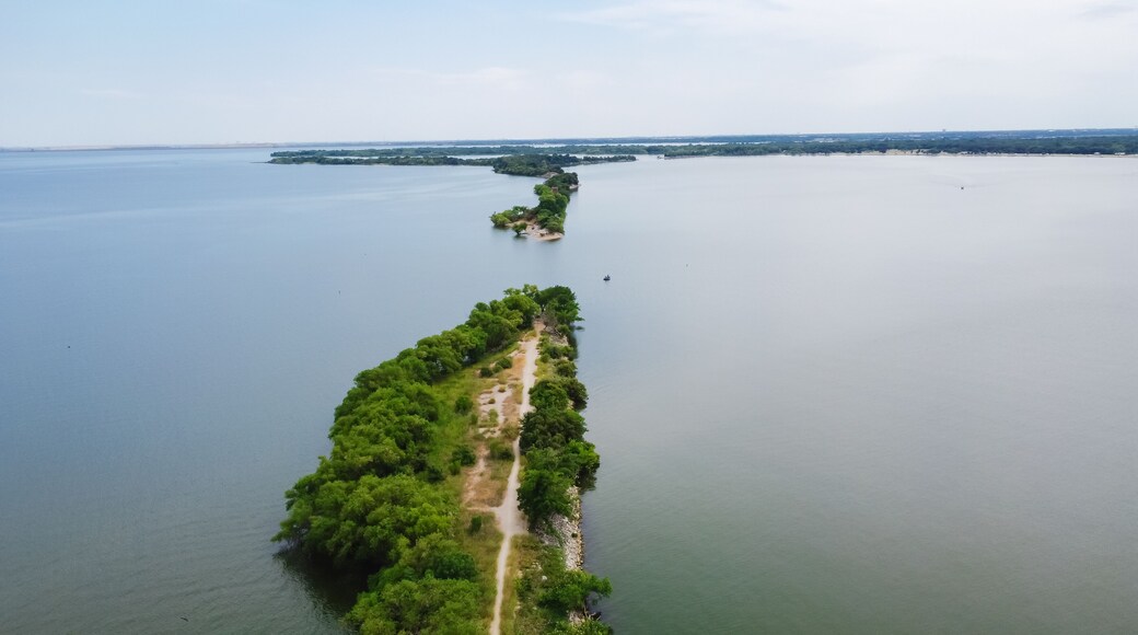 Aerial view the original breach of the Lake Dallas Dam aka The Cut divides the upper and lower halves of Lake Lewisville, Texas, America