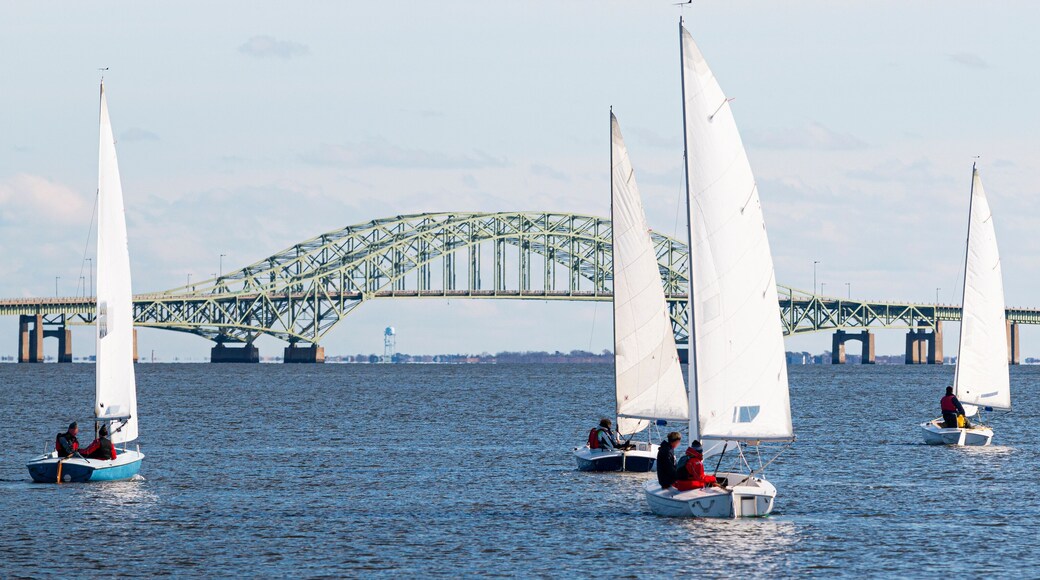Five sailboats heading toward the Great South Bay bridge in winter