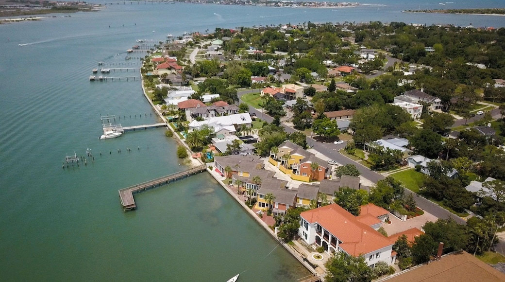 Una zona residencial costera con casas, un puerto deportivo y un puente.