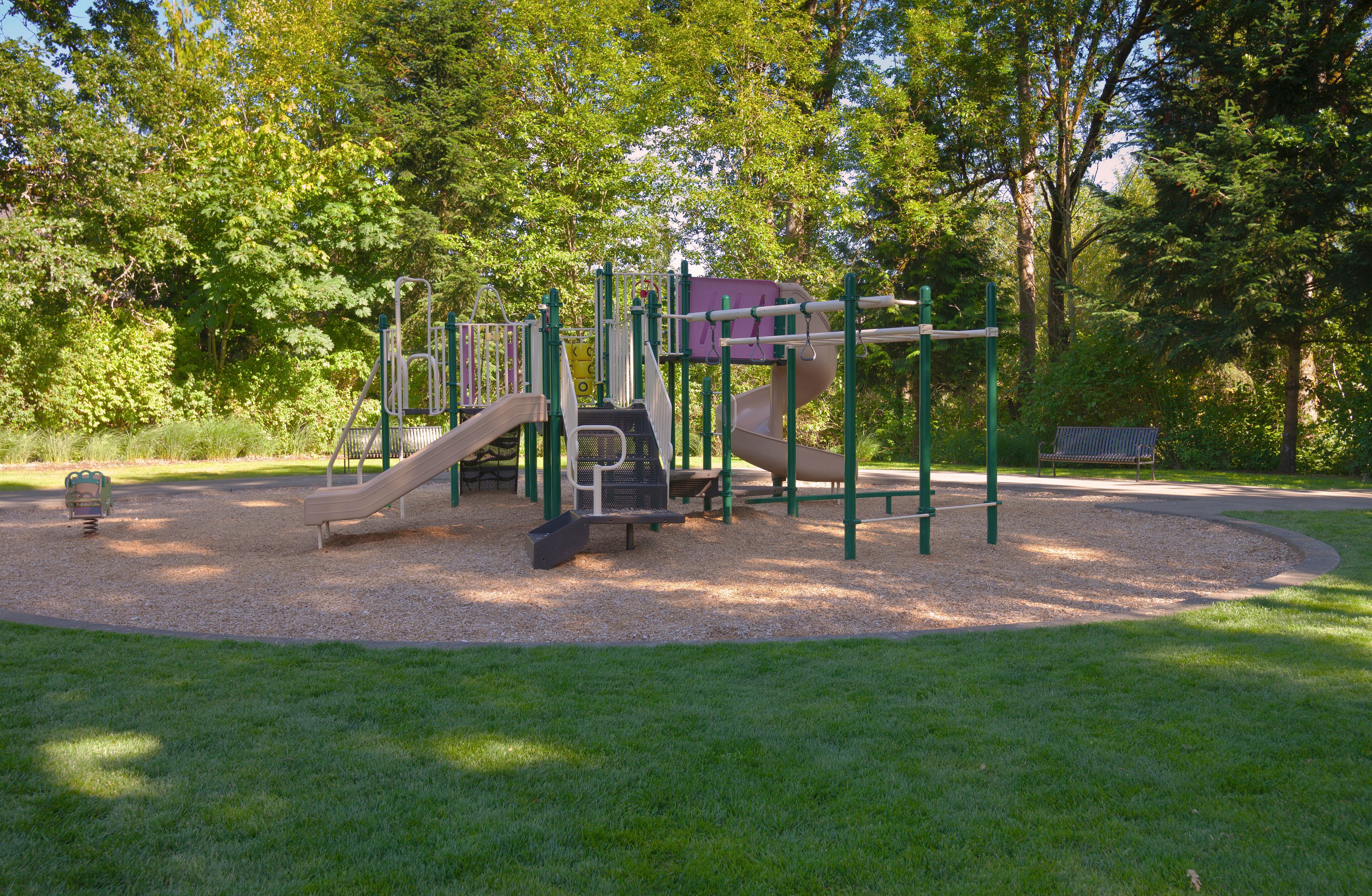 A playground with slides and climbing structures surrounded by trees and a grassy area.