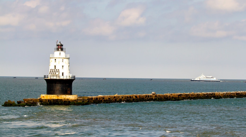 A lighthouse on a rocky outcrop with calm sea and a cruise ship in the distance.