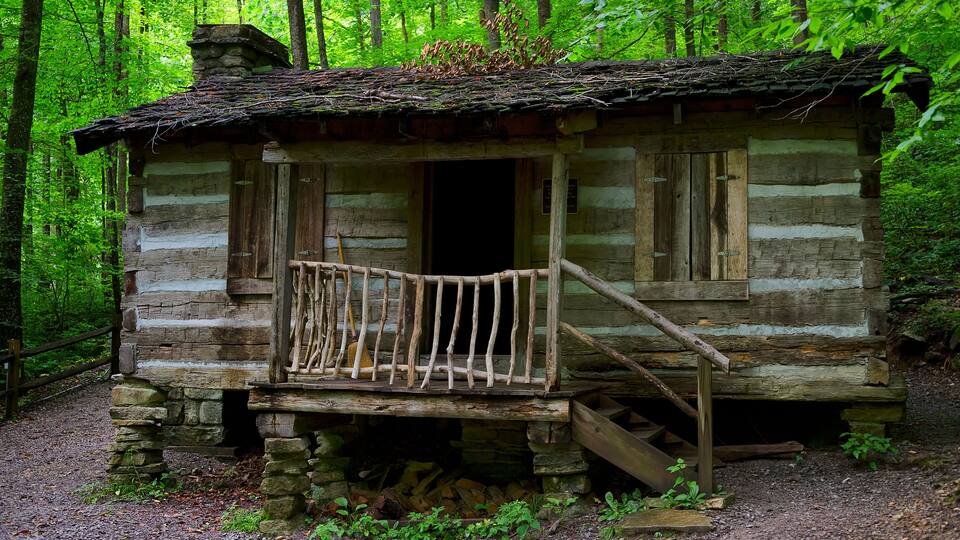 A rustic log cabin with a wooden porch, surrounded by dense forest.